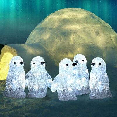 Transcon SnowTime Set of 5 Acrylic White Penguins with Ice White LEDs RS04755