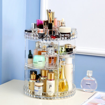 Transparent 360-Degree Rotating Acrylic Makeup Organizer with Diamond Pattern 23cm (W) x 23cm (D) x 34cm (H)