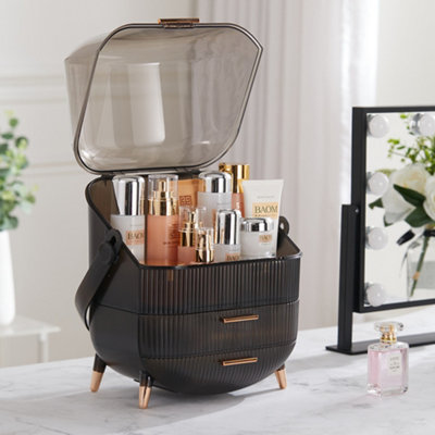 Transparent Black Elegant Multi Function Make Up Case Cosmetic Storage Box with Drawers and Handle