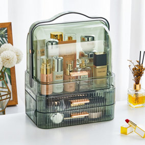 Transparent Green 2-Drawer Portable Dustproof Cosmetic Lipstick Skincare Storage Organizer with Handle