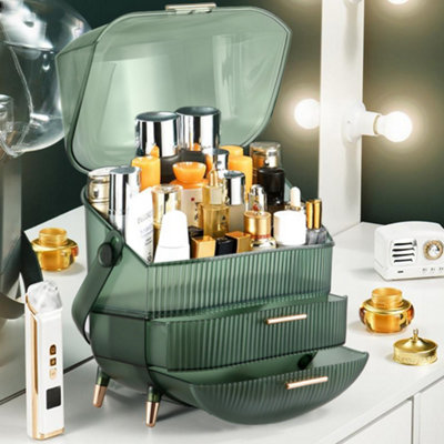 Transparent Green Elegant Multi Function Make Up Case Cosmetic Storage Box with Drawers and Handle