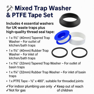 Trap Washer Set with PTFE Tape 32mm 40mm Rubber Inlet Outlet Pack for ...
