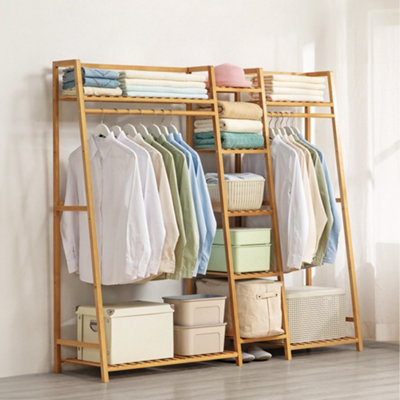 Trapezoid Bamboo Garment Rack with 5 Tier Storage Shelves Natural