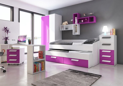 Trasman daybed with pullout bed and double underbed drawers in White and Fuschia