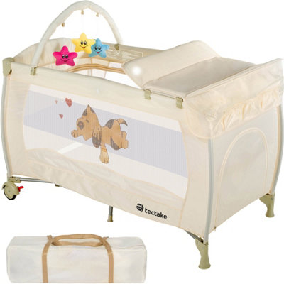 Travel Cot Dog 132x75x104cm with changing mat, play bar & carry bag - beige