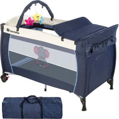 Travel cot Elephant 132x75x104cm with changing mat, play bar & carry bag - blue