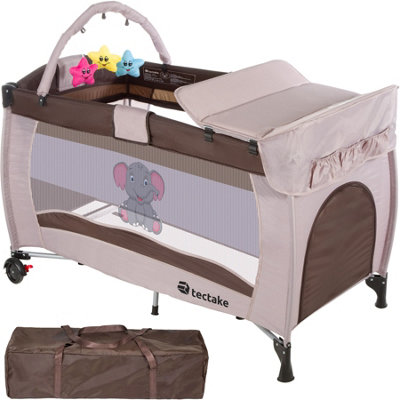 Travel cot Elephant 132x75x104cm with changing mat, play bar & carry bag - brown