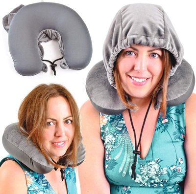 Travel Pillow Hoodie Grey Soft Plush Neck Supporting Cushion with Drawstring Closure Hood Measures 32 x