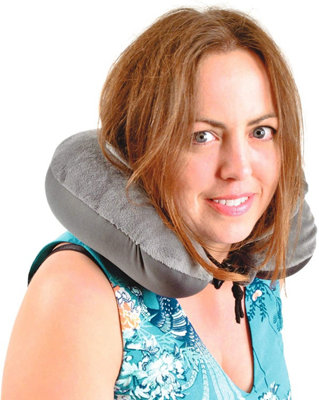Travel Pillow Hoodie - Grey Soft Plush Neck Supporting Cushion with Drawstring Closure Hood - Measures 32 x 30 x 9cm