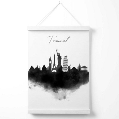 Travel Watercolour Skyline City Poster with Hanger / 33cm / White