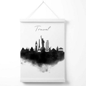 Travel Watercolour Skyline City Poster with Hanger / 33cm / White