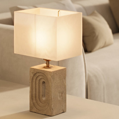 Travertine Rectangular Table Lamp, Rounded Rectangle Cotton Shade