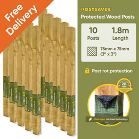 Treated Fence Posts (W) 3x3" 75x75mm (H) 6FT 1.8m - (10 Pack) - 20 Year Guarantee