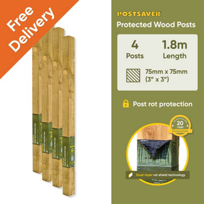 Treated Fence Posts (W) 3x3" 75x75mm (H) 6FT 1.8m - (4 Pack) - 20 Year Guarantee