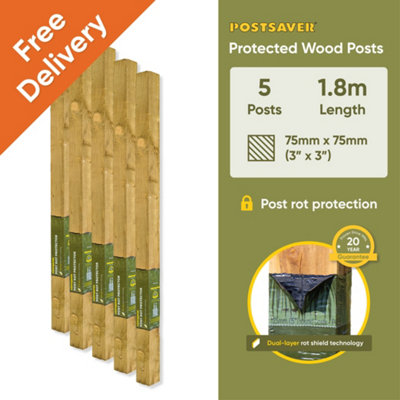 Treated Fence Posts (W) 3x3" 75x75mm (H) 6FT 1.8m - (5 Pack) - 20 Year Guarantee