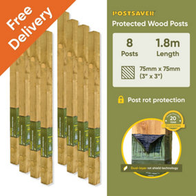 Treated Fence Posts (W) 3x3" 75x75mm (H) 6FT 1.8m - (8 Pack) - 20 Year Guarantee