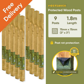 Treated Fence Posts (W) 3x3" 75x75mm (H) 6FT 1.8m - (9 Pack) - 20 Year Guarantee