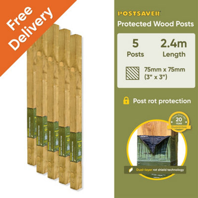 Treated Fence Posts (W) 3x3" 75x75mm (H) 8FT 2.4m - (5 Pack) - 20 Year Guarantee
