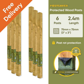 Treated Fence Posts (W) 3x3" 75x75mm (H) 8FT 2.4m - (6 Pack) - 20 Year Guarantee