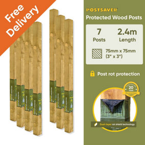 Treated Fence Posts (W) 3x3" 75x75mm (H) 8FT 2.4m - (7 Pack) - 20 Year Guarantee