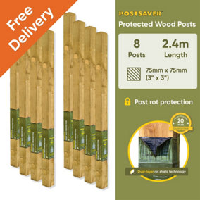 Treated Fence Posts (W) 3x3" 75x75mm (H) 8FT 2.4m - (8 Pack) - 20 Year Guarantee
