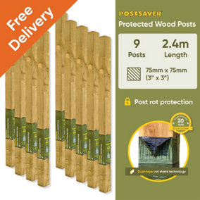 Treated Fence Posts (W) 3x3" 75x75mm (H) 8FT 2.4m - (9 Pack) - 20 Year Guarantee
