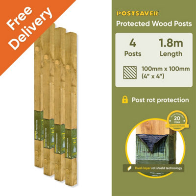 Treated Fence Posts (W) 4x4" 100x100mm (H) 6FT 1.8m - (4 Pack) - 20 Year Guarantee