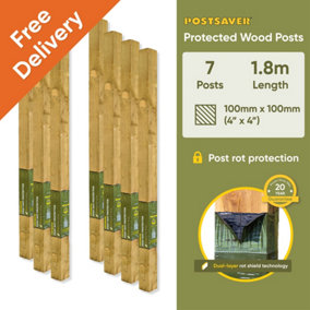 Treated Fence Posts (W) 4x4" 100x100mm (H) 6FT 1.8m - (7 Pack) - 20 Year Guarantee