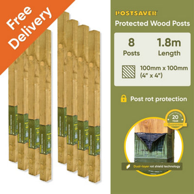 Treated Fence Posts (W) 4x4" 100x100mm (H) 6FT 1.8m - (8 Pack) - 20 Year Guarantee