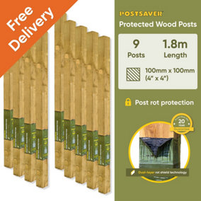 Treated Fence Posts (W) 4x4" 100x100mm (H) 6FT 1.8m - (9 Pack) - 20 Year Guarantee
