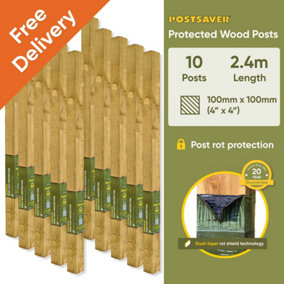 Treated Fence Posts (W) 4x4" 100x100mm (H) 8FT 2.4m - (10 Pack) - 20 Year Guarantee