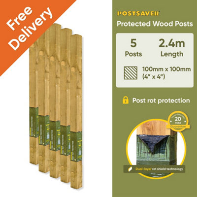 Treated Fence Posts (W) 4x4" 100x100mm (H) 8FT 2.4m - (5 Pack) - 20 Year Guarantee