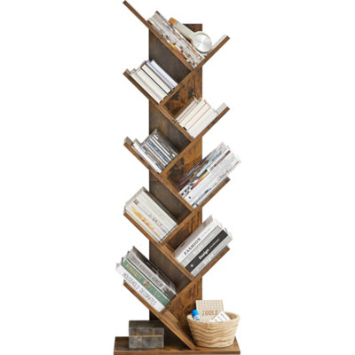 Tree Bookshelf, 9-Tier Floor Standing Book Shelf, 120x26cm Wooden Display Shelves Tall Bookcase, Rustic Brown Bookshelves