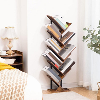 Tree Bookshelf Tall, 9-Tier Floor Standing Book Shelf, Tall Bookcase with Wooden Shelves for CDs Albums, Metal Frame,