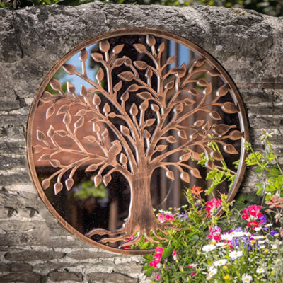 Tree of Life Heart Shaped Outdoor Garden Wall Mirror - Bronze Distressed Decor with Robin Love Birds Makes a Great Memorial