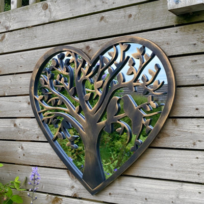 Tree of Life Heart Shaped Outdoor Garden Wall Mirror - Bronze Distressed Decor with Robin Love Birds Makes a Great Memorial