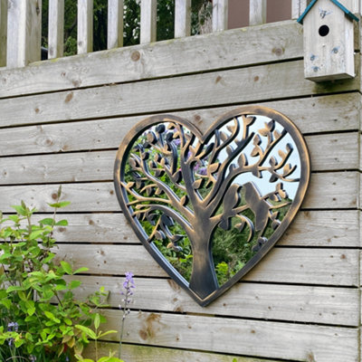 Tree of Life Outdoor Garden Wall Mirror - Bronze Distressed Decor with Robin Birds Makes a Great Memorial