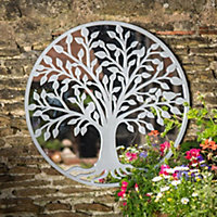 Tree of Life Outdoor Garden Wall Mirror - Grey Distressed Decor with Robin Birds Makes a Great Memorial