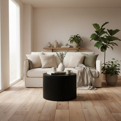 Treecool Reeded Round Coffee Table, Black Oak Veneer, 650mm diameter x ...