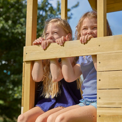Treehouse wooden play tower, with Panel kit, balcony, wavy slide ...