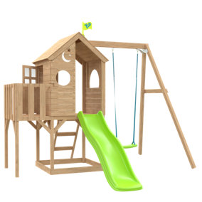 Treehouse wooden play tower, with Panel kit, balcony, wavy slide with slide lock & swing arm - FSC certified
