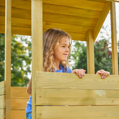 Treehouse wooden play tower, with Panel kit, balcony, wavy slide with slide lock & swing arm - FSC certified