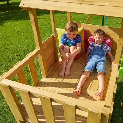Treehouse wooden play tower with Panel kit balcony wavy slide with slide lock swing arm