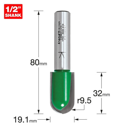 Trend C056AX1/2TC Draining Groove Rounded Cove Cutter 9.5mm Radius 1/2 19mm 32mm