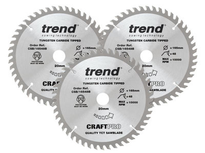 Trend CSB/165/3PK/A CraftPro Plunge Fine Cut Saw Blades 165mm 20mm x 48T 3 Pack