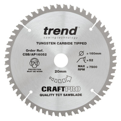 Trend CSB/AP16052 Craft Saw Blade Aluminium Plastic 160mm X 52 Teeth X 20mm Bore