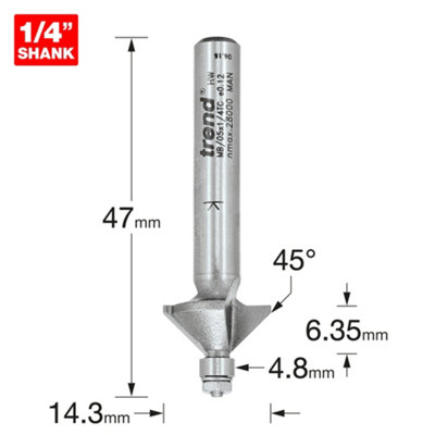 Trend MB/05X1/4TC Mini Guided Chamfer 45 Degree X 14.3mm Router Bit Cutter