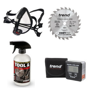 Trend Mitre Table Saw Angle Cut Set 184mm Blade + Cleaner + Digital Level +Mask