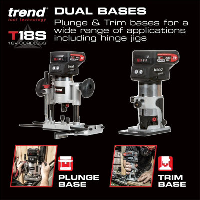 Trend T18S/R14K2 18v Cordless Brushless Router Trimmer + Plunge Base - 2 x 4.0Ah - 3