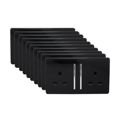 Trendi 2 Gang  13 Amp Switched Plug Socket Black Trade Pack (x10)